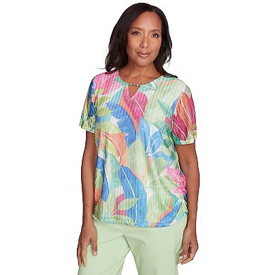 Petite Alfred Dunner Textured Tropical Beaded Neck Top