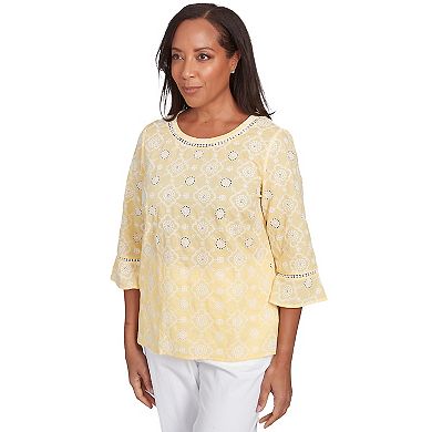 Petite Alfred Dunner Embroidered Floral Eyelet Bell Sleeve Top