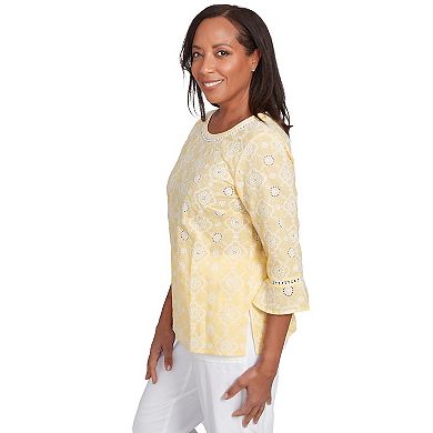 Petite Alfred Dunner Embroidered Floral Eyelet Bell Sleeve Top