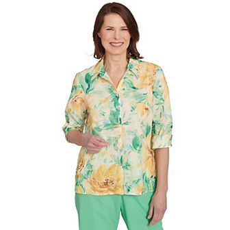 Petite Alfred Dunner Watercolor Floral Tie Sleeve Button Down Top