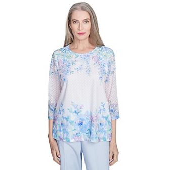 Petite Alfred Dunner Textured Sky Blue Floral Border Top