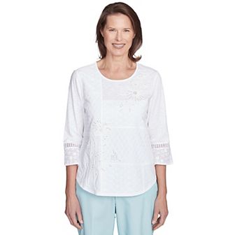 Petite Alfred Dunner Lace Patchwork Embellished Sleeve Top