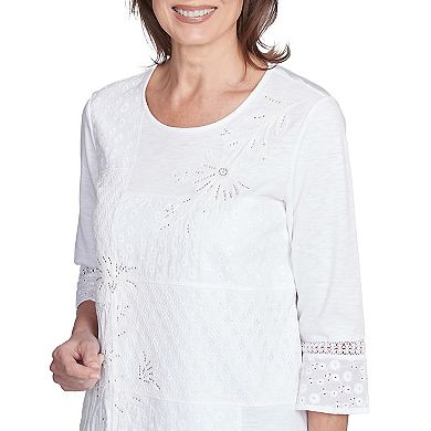 Petite Alfred Dunner Lace Patchwork Embellished Sleeve Top