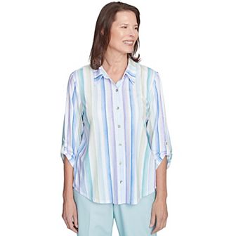 Petite Alfred Dunner Island Mint Stripe Knit Button Front Top