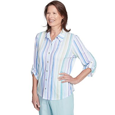 Petite Alfred Dunner Island Mint Stripe Knit Button Front Top