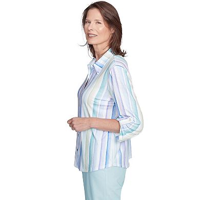 Petite Alfred Dunner Island Mint Stripe Knit Button Front Top