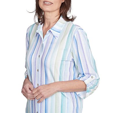 Petite Alfred Dunner Island Mint Stripe Knit Button Front Top