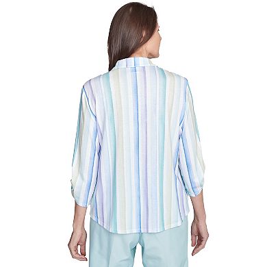Petite Alfred Dunner Island Mint Stripe Knit Button Front Top