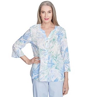 Petite Alfred Dunner Tropical Embroidered Button Front Top