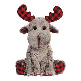 Aurora Medium Brown Holiday 12" Buffalo Plaid Moose Festive Stuffed Animal