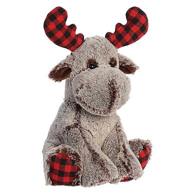 Aurora Medium Brown Holiday 12" Buffalo Plaid Moose Festive Stuffed Animal