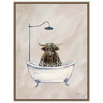 Highland Cow in Tub Texture by Yvette St. Amant Framed Canvas Wall Art Print