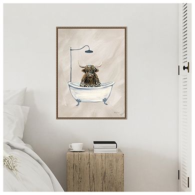 Highland Cow in Tub Texture by Yvette St. Amant Framed Canvas Wall Art Print