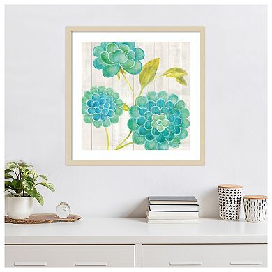 Aqua Blooms on Wood II by Danhui Nai Wood Framed Wall Art Print