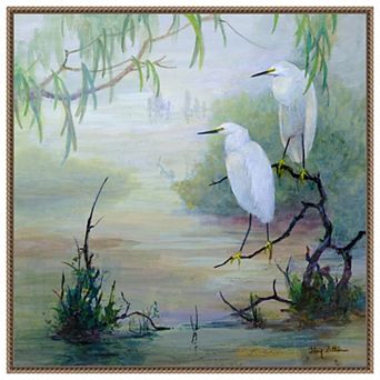 Snowy Egrets in Wetlands by Floy Zittin Framed Canvas Wall Art Print