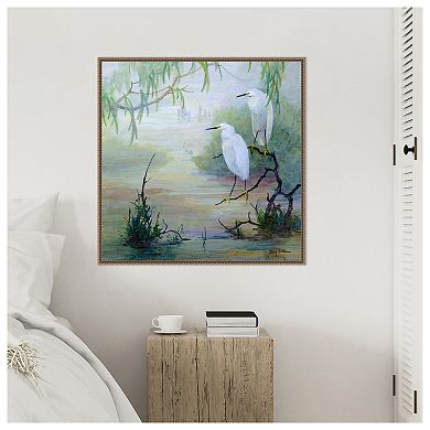 Snowy Egrets in Wetlands by Floy Zittin Framed Canvas Wall Art Print