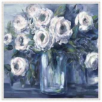 Indigo and White Blooms in Mason Jar by Tre Sorelle Studios Framed Canvas Wall Art Print