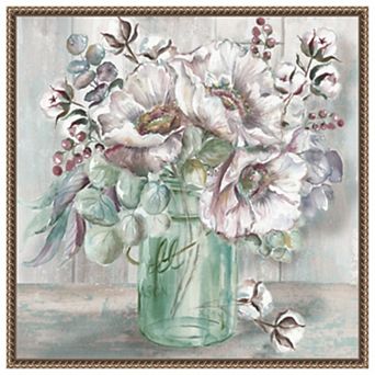 Blush Poppies and Eucalyptus in Mason Jar by Tre Sorelle Studios Framed Canvas Wall Art Print