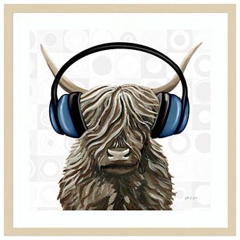 Music Cow Blue Crop by Yvette St. Amant Wood Framed Wall Art Print