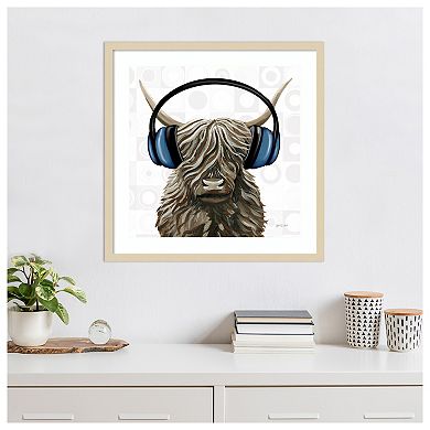 Music Cow Blue Crop by Yvette St. Amant Wood Framed Wall Art Print