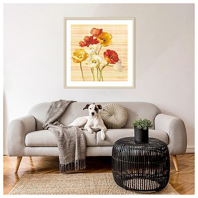 Dancing Poppies on Stripes by Danhui Nai Wood Framed Wall Art Print