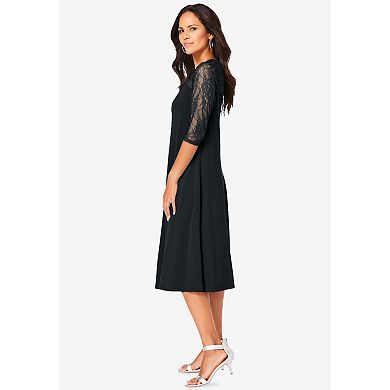 Roaman's Women's Plus Size 3/4 Sleeve Allover Lace Swing Dress