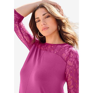Roaman's Women's Plus Size 3/4 Sleeve Allover Lace Swing Dress