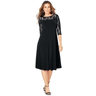 Roaman's Women's Plus Size Ultrasmooth Fabric Illusion Lace Swing Dress