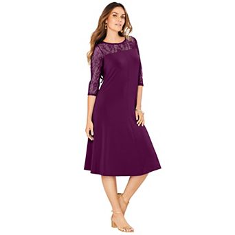 Roaman's Women's Plus Size 3/4 Sleeve Allover Lace Swing Dress