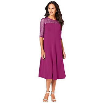 Roaman's Women's Plus Size Ultrasmooth Fabric Illusion Lace Swing Dress