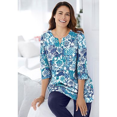 Woman Within Plus Size 7-Day Three-Quarter Sleeve Notch-Neck Tunic