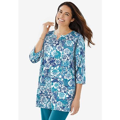 Woman Within Plus Size 7-Day Three-Quarter Sleeve Notch-Neck Tunic