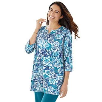 Woman Within Plus Size 7-Day Three-Quarter Sleeve Notch-Neck Tunic