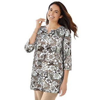 Woman Within Plus Size 7-Day Three-Quarter Sleeve Notch-Neck Tunic
