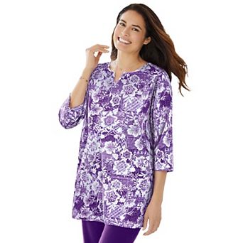 Woman Within Plus Size 7-Day Three-Quarter Sleeve Notch-Neck Tunic