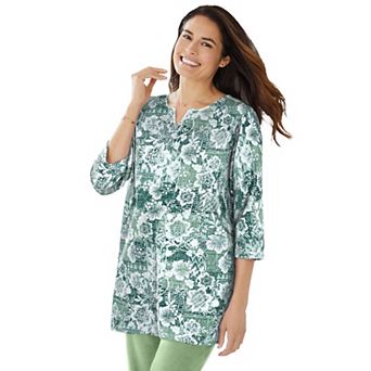 Woman Within Plus Size 7-Day Three-Quarter Sleeve Notch-Neck Tunic