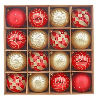 Glittery Red and Gold Christmas Ornament Bauble Set, Elegant 16 pc Bundle