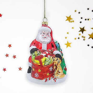 Santa with Dog and Giant Gift Bag Glass Christmas Ornament