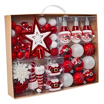 Super Santa Christmas Ornament Bundle Set, Red and White Baubles, Snowman, Suit, Belt, and Snowflake