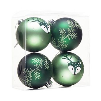 Unique Spruce Leaf and Woodland Deer Patterned Christmas Bauble Ball Set of Four