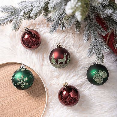 Majestic Winterly Nature Glittered Ornament Bauble Set, Red and Green Balls Bundle with Acorns, Snow