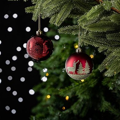 Majestic Winterly Nature Glittered Ornament Bauble Set, Red and Green Balls Bundle with Acorns, Snow