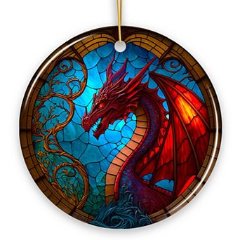 Fierce Dragon Stained Glass Style Ceramic Ornament, Unique Goth Tree Decor
