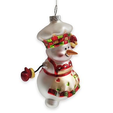 Cheerful Holiday Snowman Chef Glass Christmas Ornament