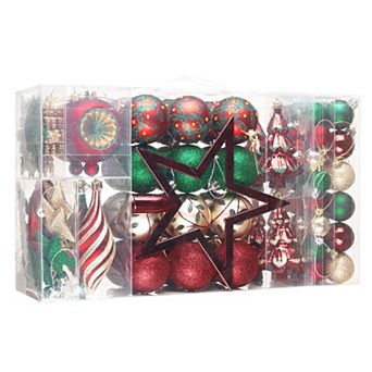 Alluring Large Christmas Ornament Set, Unique Red Green and Gold Baubles, 92 Charms