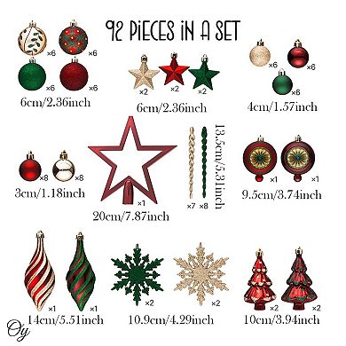 Alluring Large Christmas Ornament Set, Unique Red Green and Gold Baubles, 92 Charms