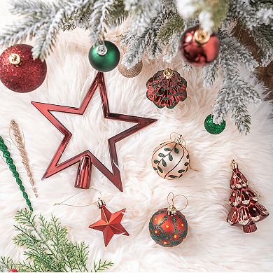 Alluring Large Christmas Ornament Set, Unique Red Green and Gold Baubles, 92 Charms