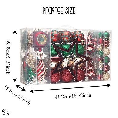 Alluring Large Christmas Ornament Set, Unique Red Green and Gold Baubles, 92 Charms