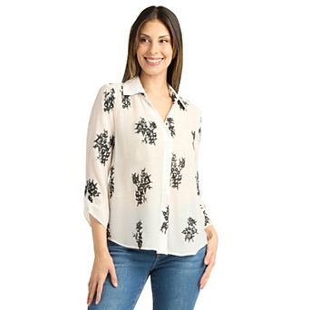 Women's AB Studio Embroidered Button Front Tie Front Top