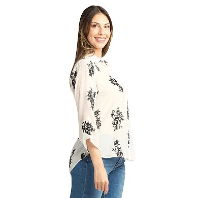 Women's AB Studio Embroidered Button Front Tie Front Top